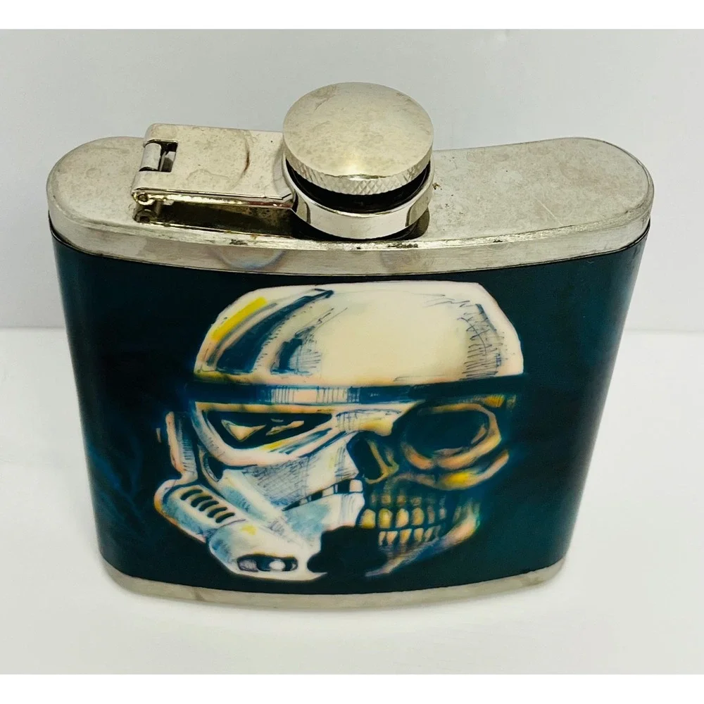 Top Shelf Flasks Stormtrooper Skull Stainless Steel 6oz Hip Flask Teal Silver